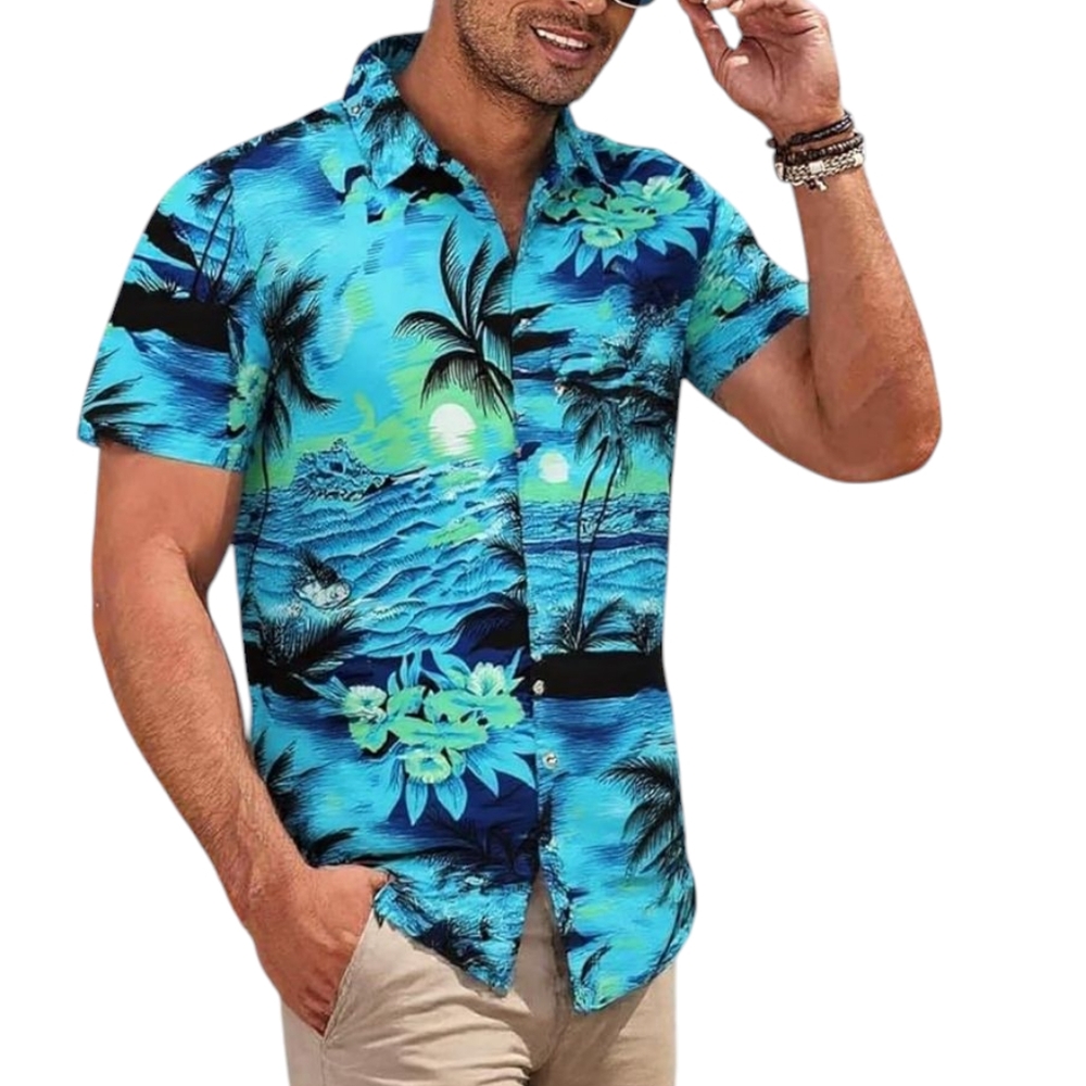 🆕 Men's Blue & Green Hawaiian Floral Print Button Up Shirt